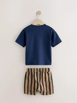 Next Short Sleeve T-Shirt & Shorts Set 2 Pack (3mths-7yrs) (3mths-7yrs) Navy/Stone Clearance