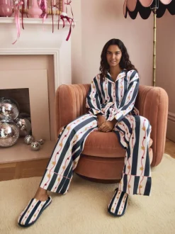 Next Navy/White Stripe Plush Mule Slippers Best