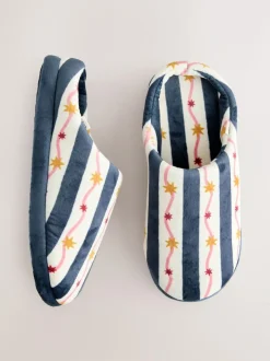 Next Navy/White Stripe Plush Mule Slippers Best