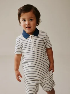 Next Navy/White Stripe Zip Neck Short Sleeve Polo Shirt And Shorts Set (3mths-7yrs) Best