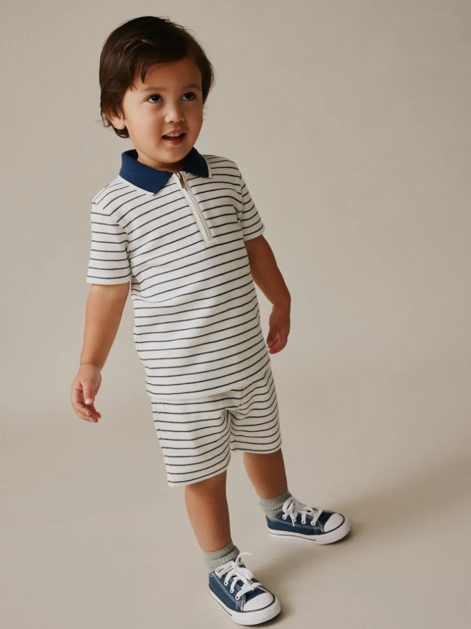 Next Navy/White Stripe Zip Neck Short Sleeve Polo Shirt And Shorts Set (3mths-7yrs) Best