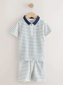 Next Navy/White Stripe Zip Neck Short Sleeve Polo Shirt And Shorts Set (3mths-7yrs) Best