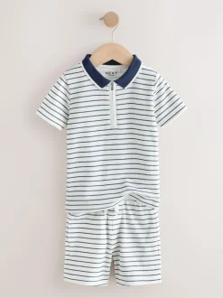 Next Navy/White Stripe Zip Neck Short Sleeve Polo Shirt And Shorts Set (3mths-7yrs) Best