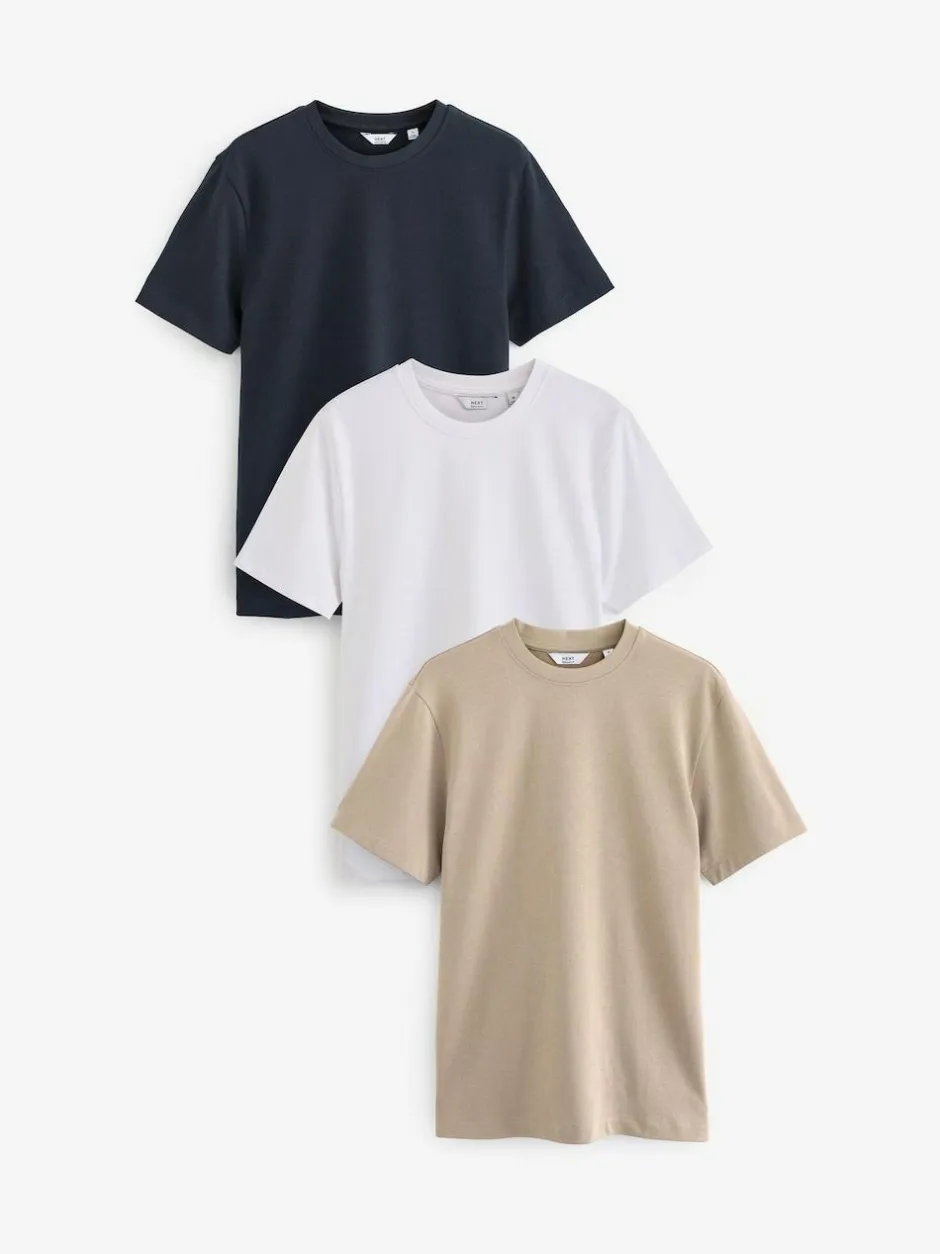 Next Navy/White/Stone Regular Fit Heavyweight T-Shirts 3 Pack Outlet