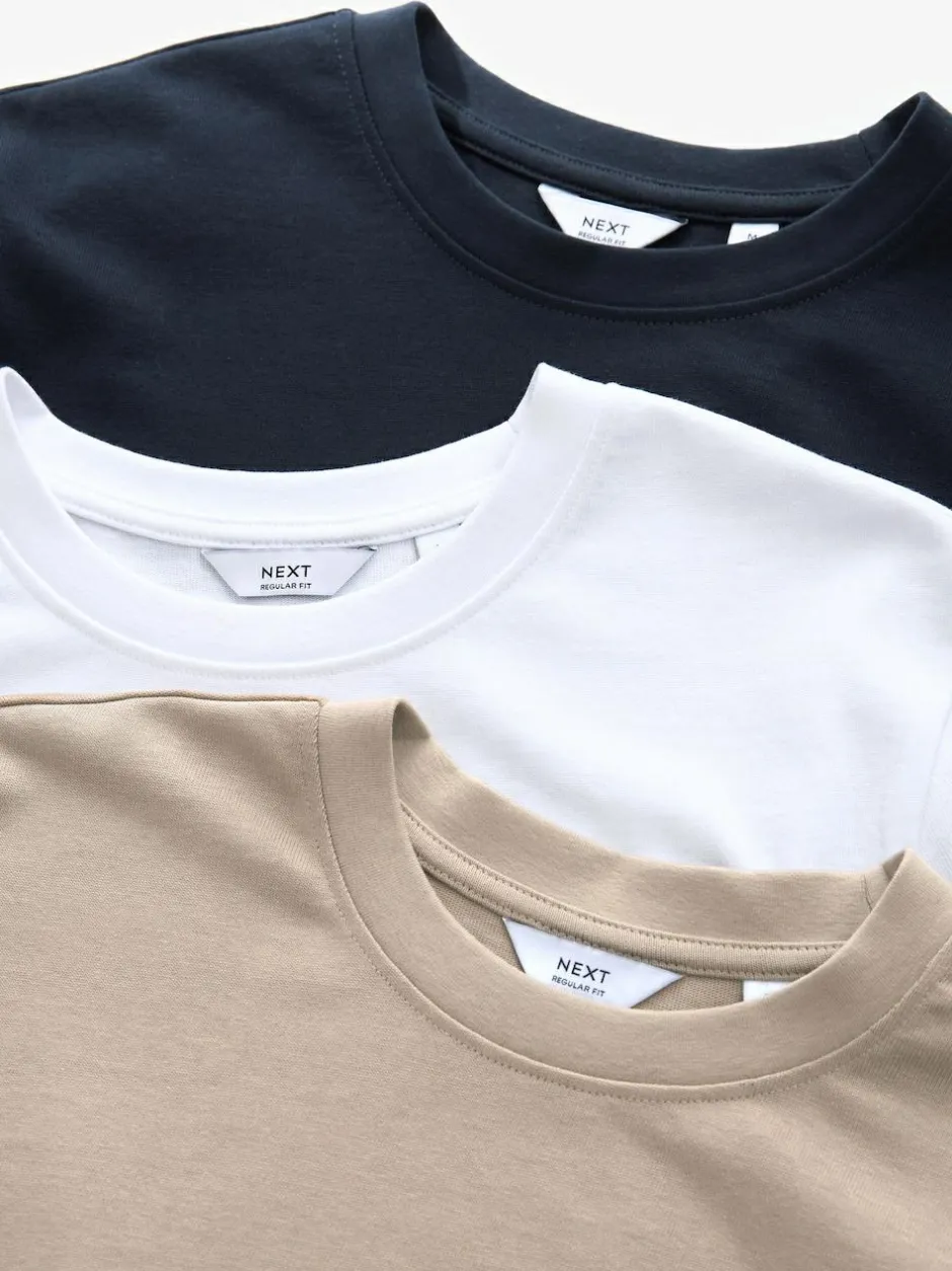 Next Navy/White/Stone Regular Fit Heavyweight T-Shirts 3 Pack Outlet