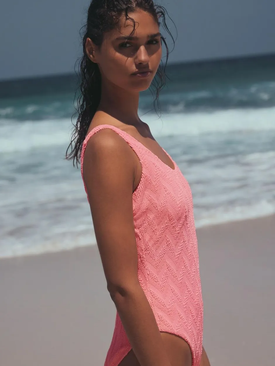 Next Neon Coral Pink Textured Scoop Neck Tummy Control Swimsuit Sale