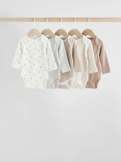 Next Neutral 100% Cotton Long Sleeve Baby Bodysuits 5 Pack Sale