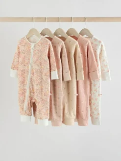 Next Neutral 5 Pack Two Way Zip Baby Sleepsuits (0mths-3yrs) Clearance