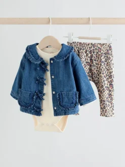 Next Neutral Animal Baby Denim Jacket, Top and Leggings Set 3 Piece (0mths-2yrs) New