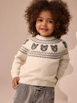 Next Fairisle Pattern Knitted Crew Neck Jumper (3mths-7yrs) Neutral Bear Clearance