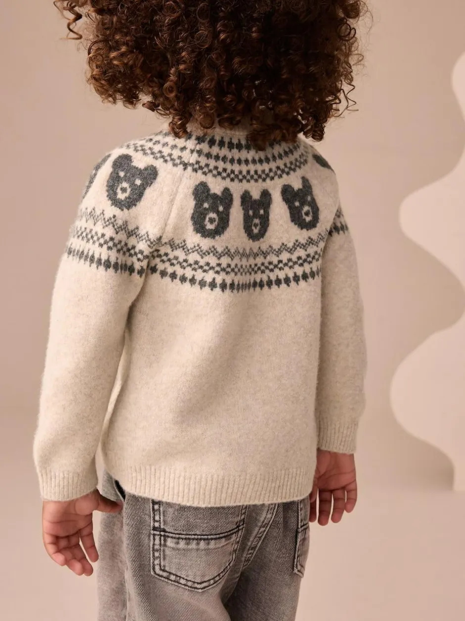 Next Fairisle Pattern Knitted Crew Neck Jumper (3mths-7yrs) Neutral Bear Clearance