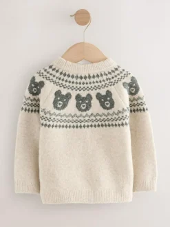 Next Fairisle Pattern Knitted Crew Neck Jumper (3mths-7yrs) Neutral Bear Clearance