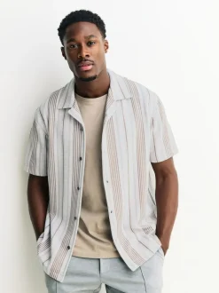 Next Regular Fit Stripe Short Sleeve Jersey Shirt Neutral Brown Hot