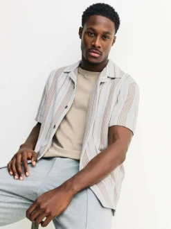 Next Regular Fit Stripe Short Sleeve Jersey Shirt Neutral Brown Hot