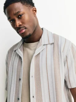 Next Regular Fit Stripe Short Sleeve Jersey Shirt Neutral Brown Hot