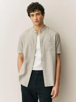 Next Grandad Collar Cotton Linen Blend Short Sleeve Shirt Neutral Best