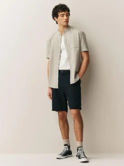 Next Grandad Collar Cotton Linen Blend Short Sleeve Shirt Neutral Best