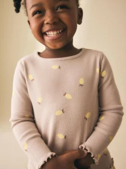 Next Neutral Lemon Print Rib Long Sleeve T-Shirt (3mths-7yrs) Sale