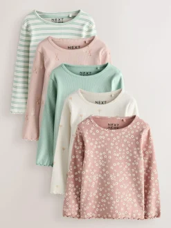 Next Neutral Long Sleeve Rib Tops 5 Pack (3mths-7yrs) Online