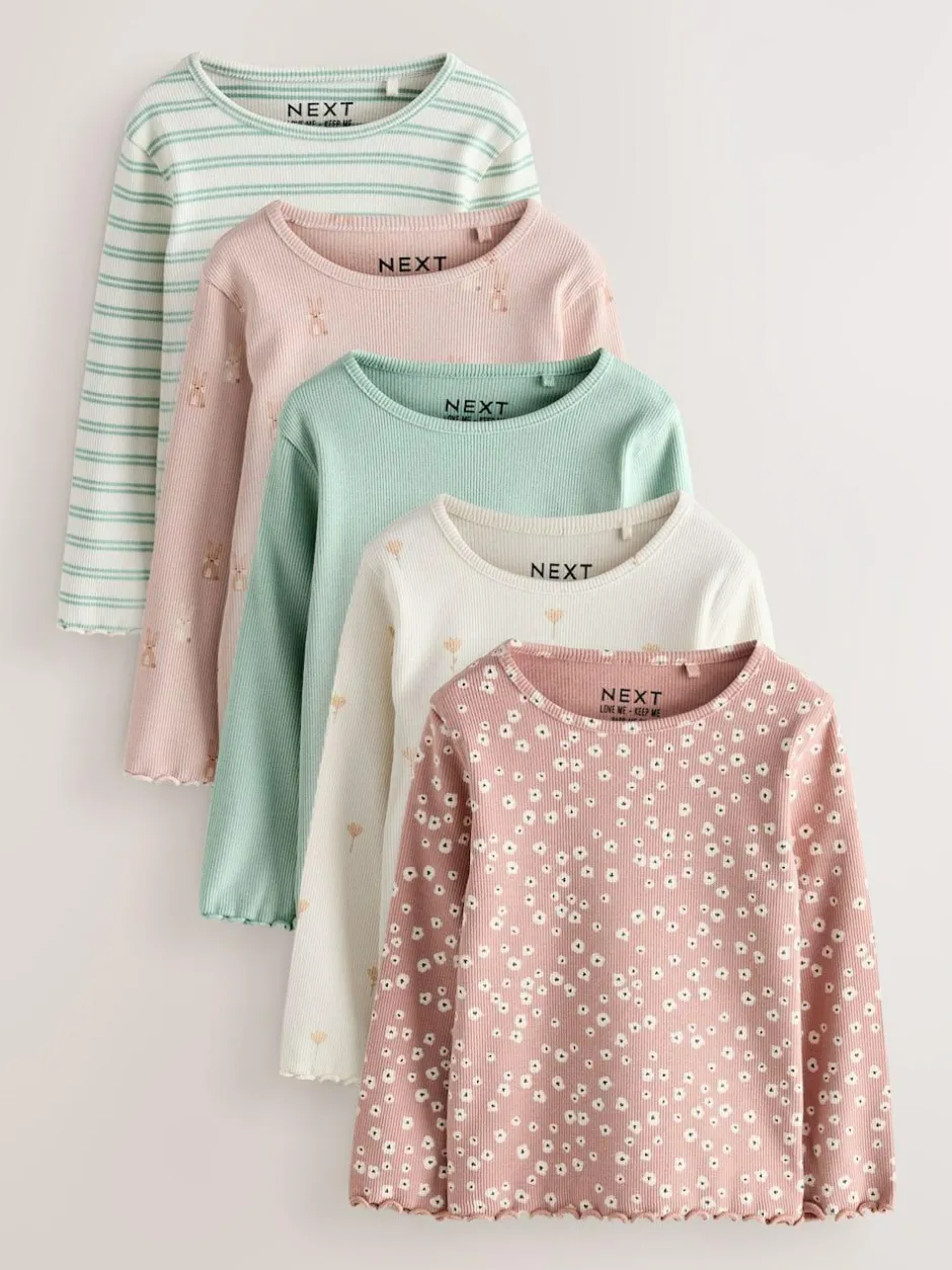 Next Neutral Long Sleeve Rib Tops 5 Pack (3mths-7yrs) Online