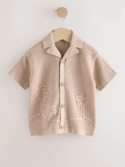 Next Textured Revere Collar Short Sleeve Knitted Polo Shirt (3mths-7yrs) Neutral Palms Discount