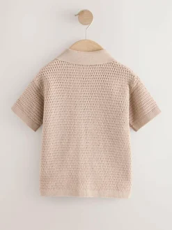Next Textured Revere Collar Short Sleeve Knitted Polo Shirt (3mths-7yrs) Neutral Palms Discount