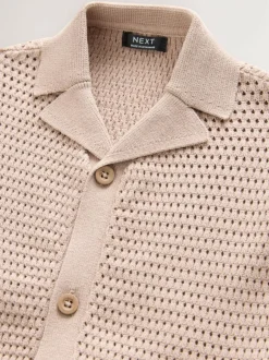 Next Textured Revere Collar Short Sleeve Knitted Polo Shirt (3mths-7yrs) Neutral Palms Discount