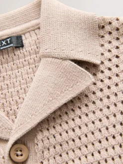 Next Textured Revere Collar Short Sleeve Knitted Polo Shirt (3mths-7yrs) Neutral Palms Discount