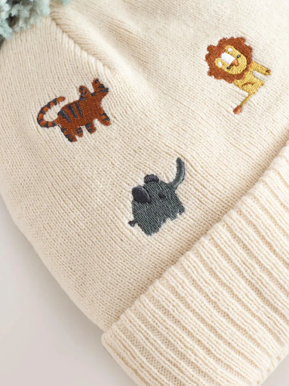 Next Neutral Safari Embroidered Pom Beanie Hat (3mths-10yrs) Online