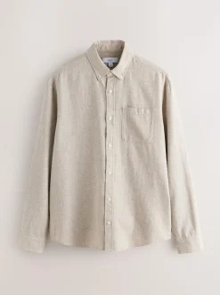 Next Standard Collar Cotton Linen Blend Long Sleeve Shirt Neutral Discount