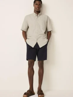 Next Standard Collar Cotton Linen Blend Short Sleeve Shirt Neutral Clearance