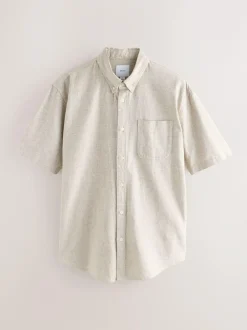 Next Standard Collar Cotton Linen Blend Short Sleeve Shirt Neutral Clearance
