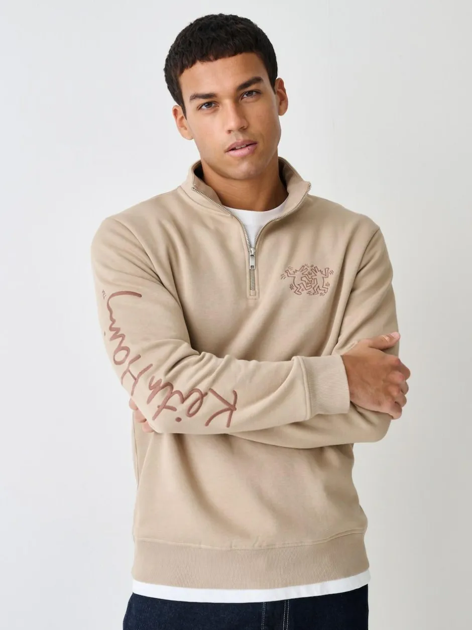 Next Neutral Stone Keith Haring Licence Graphic Print Quarter Zip Neck Sweatshirt New