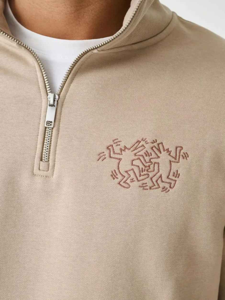 Next Neutral Stone Keith Haring Licence Graphic Print Quarter Zip Neck Sweatshirt New
