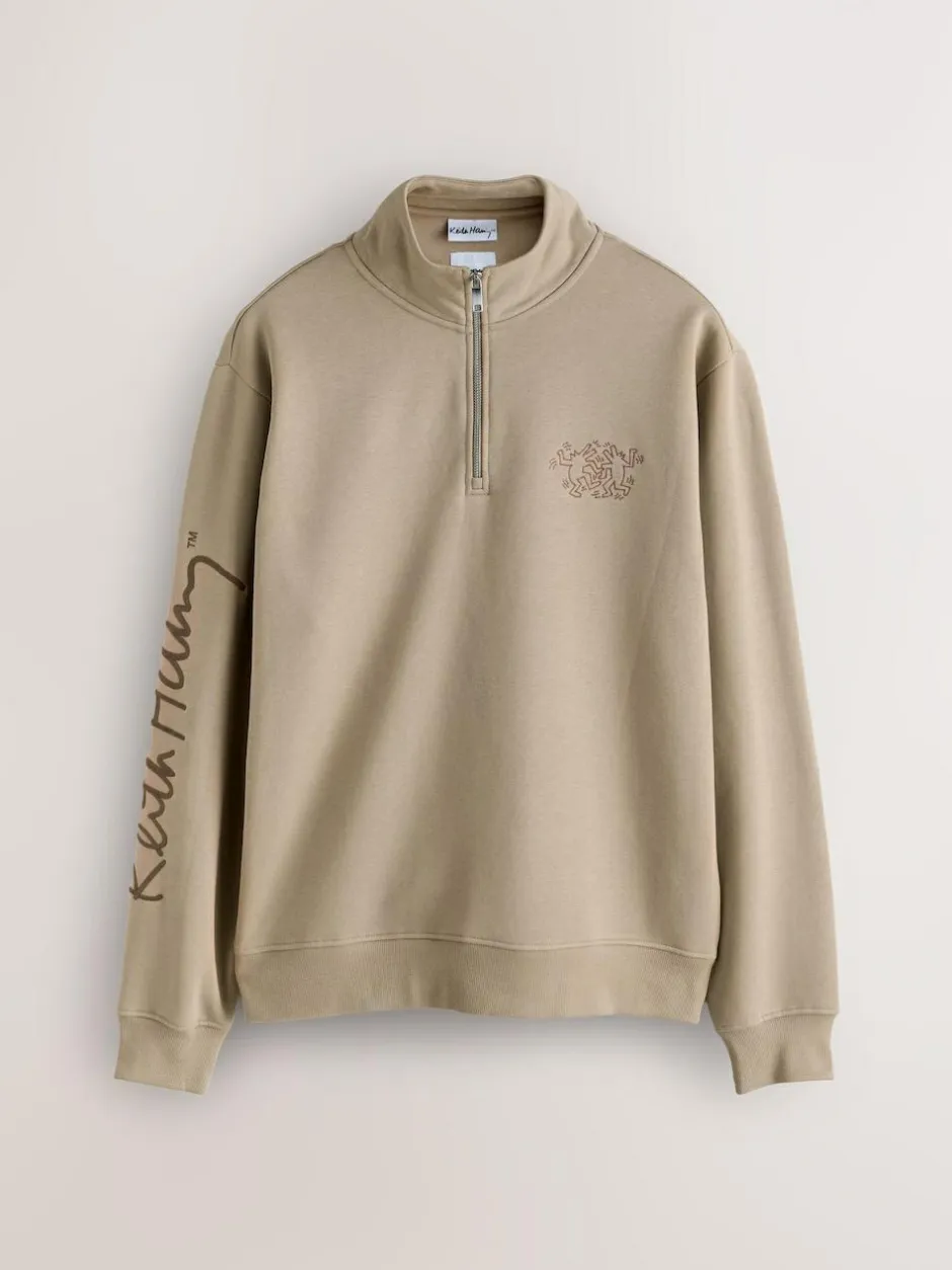 Next Neutral Stone Keith Haring Licence Graphic Print Quarter Zip Neck Sweatshirt New