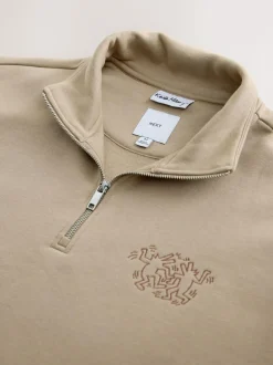Next Neutral Stone Keith Haring Licence Graphic Print Quarter Zip Neck Sweatshirt New
