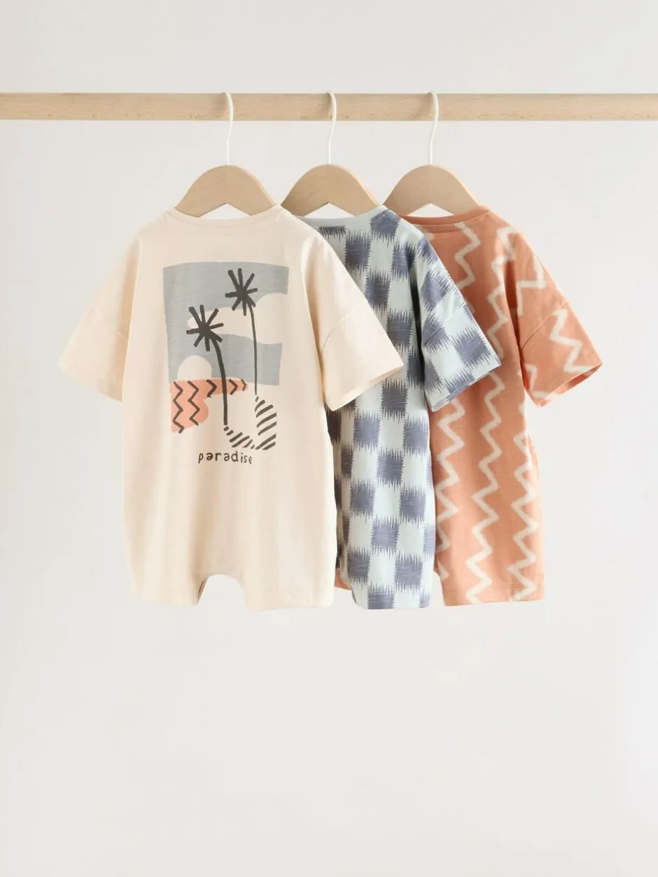 Next Neutral Sunbaked Printed Button Through Jersey Baby Rompers 3 Pack New