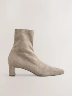 Next Extra Wide Fit Chisel Toe Block Heel Sock Boots Neutral Taupe Clearance