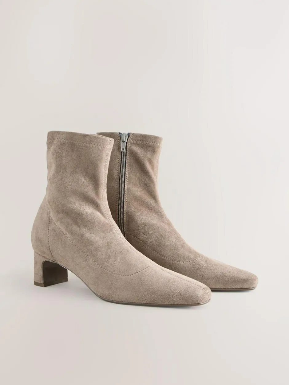 Next Extra Wide Fit Chisel Toe Block Heel Sock Boots Neutral Taupe Clearance