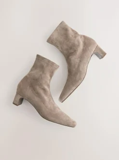 Next Extra Wide Fit Chisel Toe Block Heel Sock Boots Neutral Taupe Clearance
