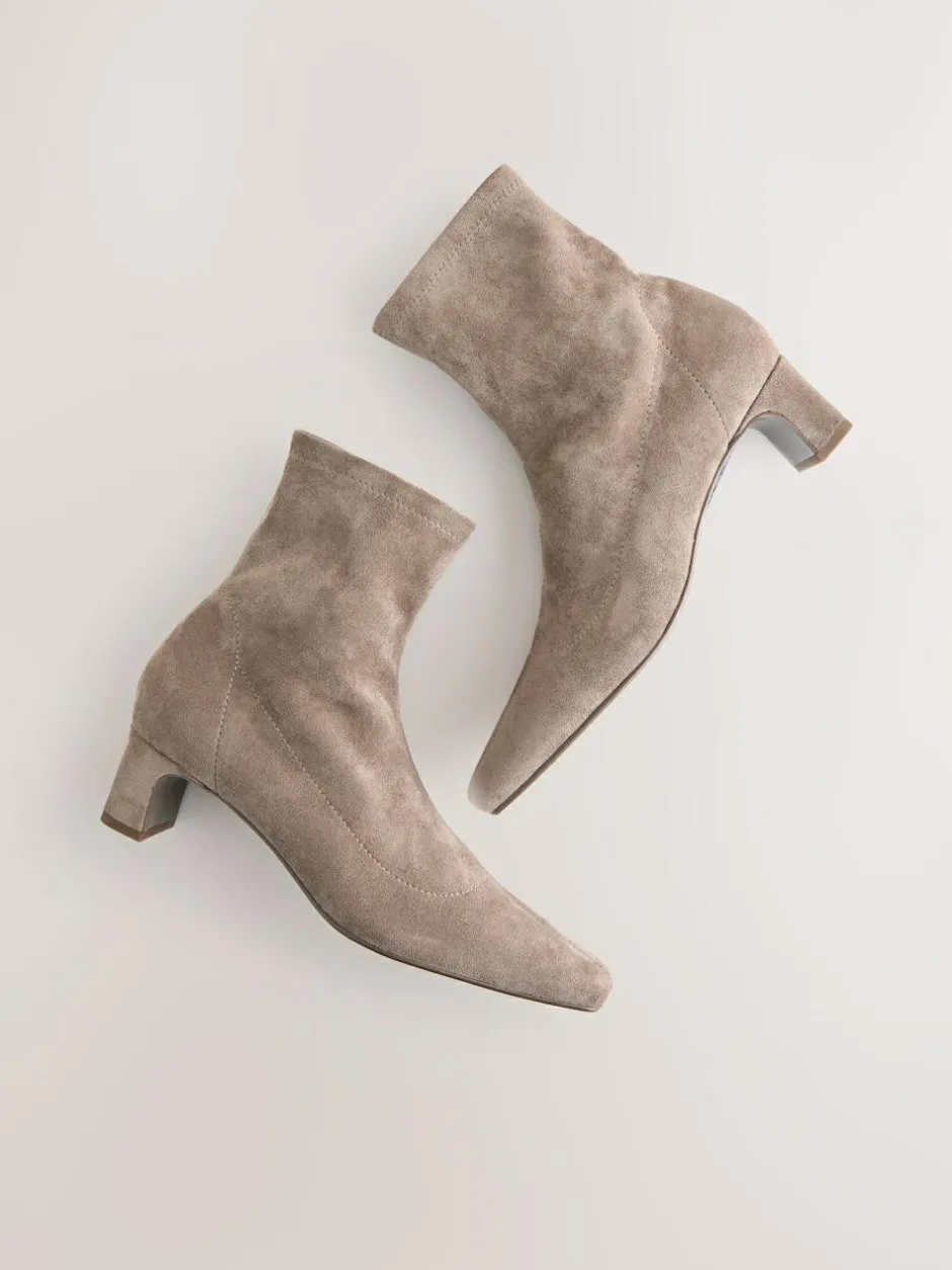 Next Extra Wide Fit Chisel Toe Block Heel Sock Boots Neutral Taupe Clearance