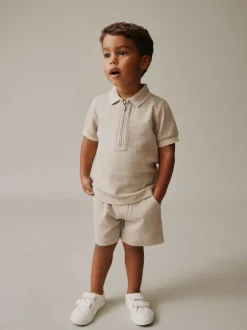 Next Neutral Zip Neck Short Sleeve Polo Shirt And Shorts Set (3mths-7yrs)