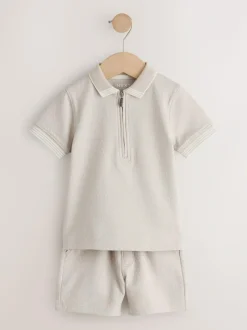 Next Neutral Zip Neck Short Sleeve Polo Shirt And Shorts Set (3mths-7yrs)
