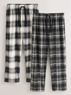 Next Neutral/Black Check Motionflex Cosy Open Hem Pyjama Bottoms 2 Pack New