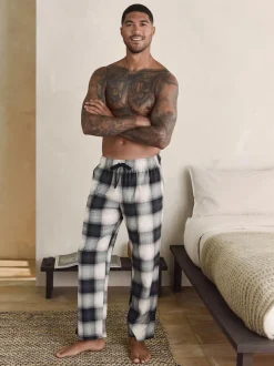 Next Neutral/Black Check Motionflex Cosy Open Hem Pyjama Bottoms 2 Pack New