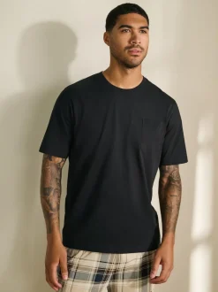 Next Short Sleeve Jersey Pyjamas Set Neutral/Black Check Clearance