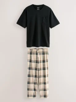 Next Short Sleeve Jersey Pyjamas Set Neutral/Black Check Clearance
