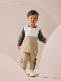 Next Long Sleeve Soft Touch T-Shirt and Joggers Set (3mths-7yrs) Neutral/Grey New