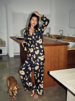 Never Fully Dressed Black/Gold Charm Satin Button Through Pyjamas