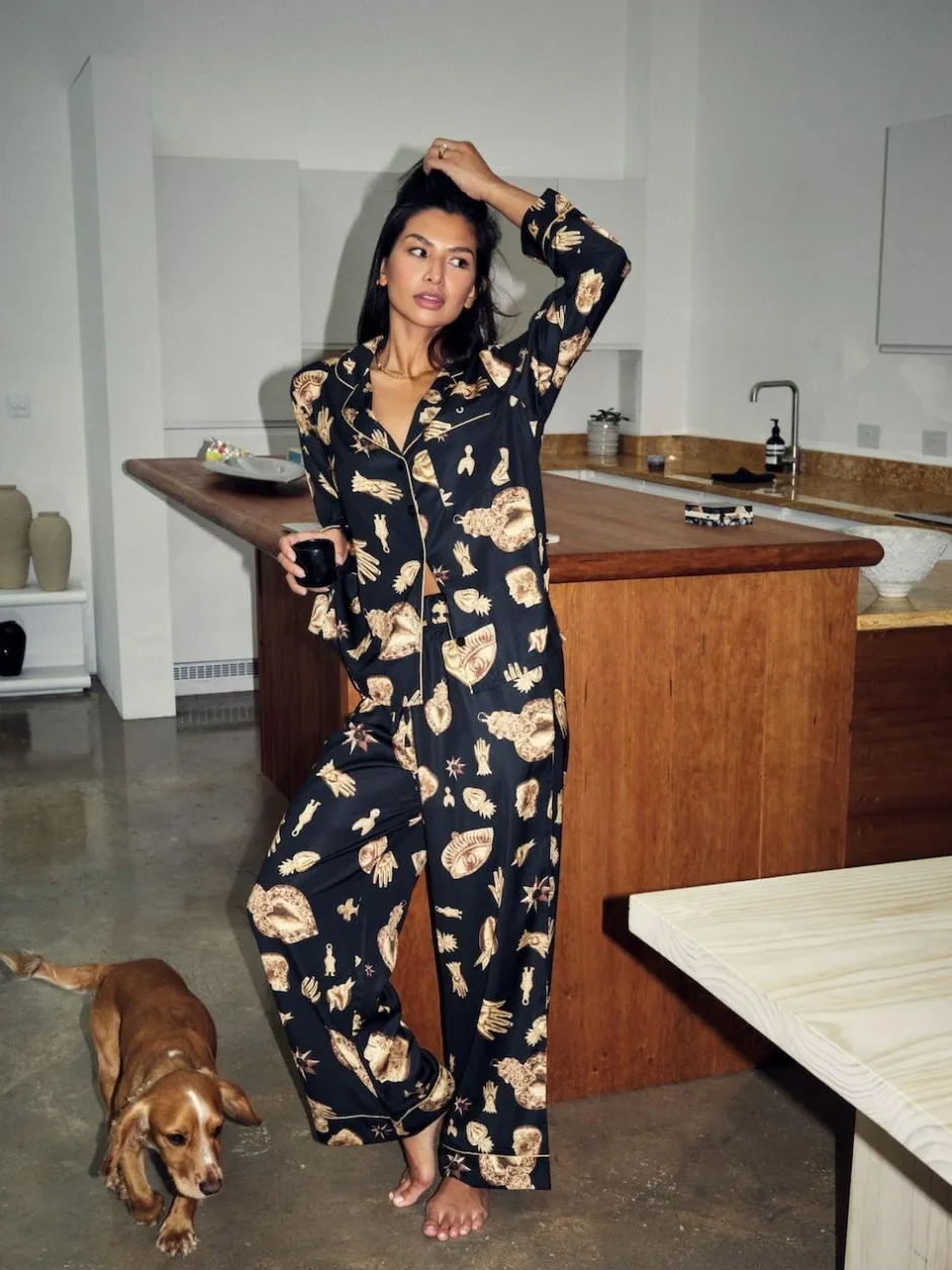 Never Fully Dressed Black/Gold Charm Satin Button Through Pyjamas